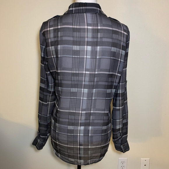 ABS sheer button up blouse front pockets plaid - Picture 4 of 8